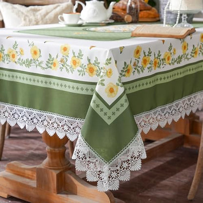 SUTAVIA Tablecloth Rectangular 60”x84” Green Printing Embroidery Lace | Farmhouse Summer Table Cloth Country Sunflower Bird Leaves Table Cover for Home Dining Table Holiday Garden - color: Green, size: 84" x 60" (Rectangular)