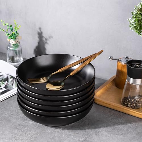 AmorArc 8.5 Inch Stoneware Pasta Bowls of 6, 32oz Large Bowls Set | Matte Black Wide Bowls for Kitchen Pasta,Salad,Oatmeal, Microwave&Dishwasher Safe - size: Set of 6