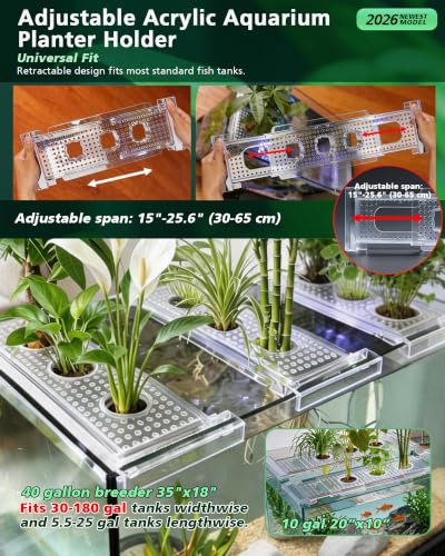 2026 Telescoping Aquarium Plant Holder with 3 Cups, Clear Acrylic | Rim-Mount Rack, For 5.5 gal 10 gal 40 gal 75 gal, For Live Plants, Aquaponic Fish Tank, For Pothos, Betta & Aquascape Decor