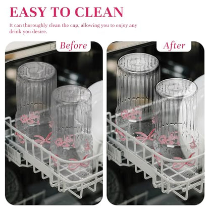22 Oz Ribbed Glass Cups with Lids and Straws Set of 2, Glassware Set with Pink Bow Glass Tumbler Iced Coffee Cups, Ideal for Iced Coffee, Tea, Milk, Smoothie, Hot Drinks