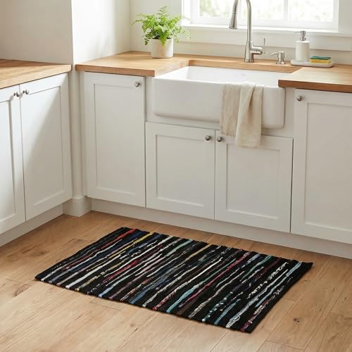 Chindi Kitchen Rug 2x3 Feet - Dark Multi | Cotton Small Throw Rugs for Entryway, Easy Care Black Hand Woven Mat - color: Dark Multi Hoisery, size: 2 x 3 feet