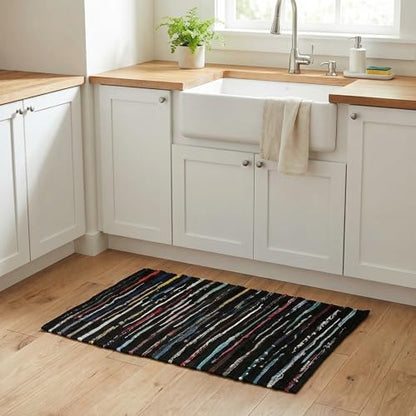 Chindi Kitchen Rug 2x3 Feet - Dark Multi | Cotton Small Throw Rugs for Entryway, Easy Care Black Hand Woven Mat - color: Dark Multi Hoisery, size: 2 x 3 feet