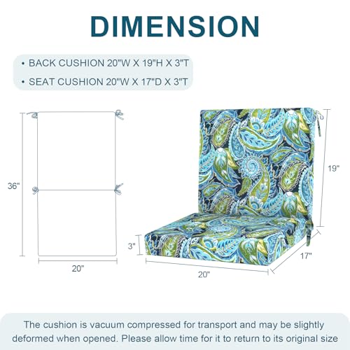 DYTXIII Outdoor Midback Chair Cushions Set of 2-20"x17" Water Repellent & Fade-Resistant Patio Seat Cushions with High-Resiliency Foam, Non-Slip Ties for Dining, Balcony Furniture-Paisley Lapis - color: Paisley Lapis