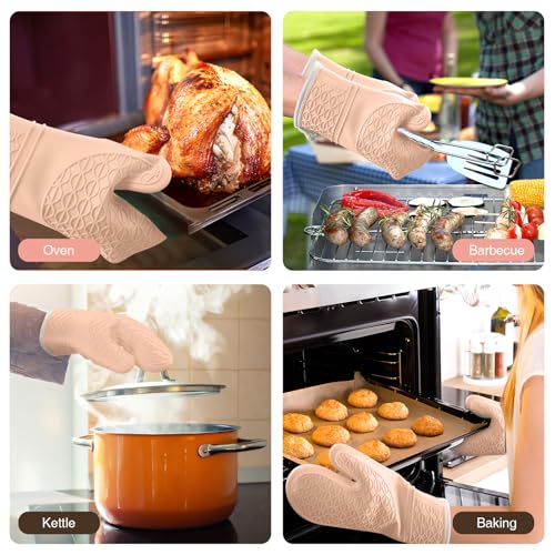 Silicone Oven Mitts, Heat Resistant 2PCS Oven Mitts with Soft Cotton Lining, Waterproof Non-Slip Grip Oven Glove, Kitchen Potholder Mits for BBQ, Baking, Cooking, 12.5 Inch - Pink - color: Pink