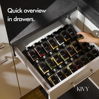 KIVY Spice Jars with Labels [24x 4oz] Glass Seasoning Containers with Airtight Lids for Organization - Empty Square Bottles for Spices & Seasonings with Shaker Lids - Spice Containers Wood Bamboo - size: Bamboo Black
