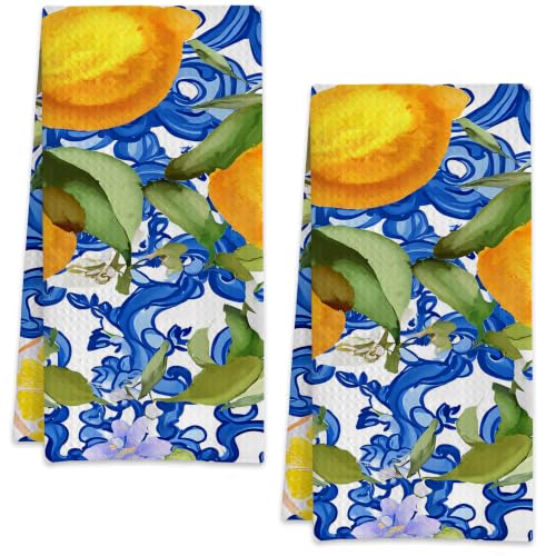 Blue Sicilian Print Yellow Lemons Hand Towels for Bathroom Set of 2,Soft Absorbent Waffle Weave Kitchen Towels Dish Towel,Decorative Bathroom Towel for Kitchen Yoga Home Decor 16X24 Inch - color: Blue Sicilian Print Yellow Lemons