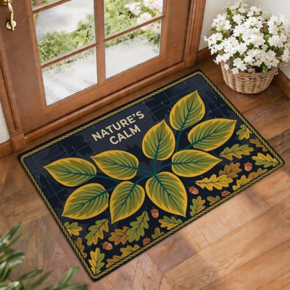 Leaves Welcome Door Mat, Nature Seasonal Acorns Oak Fall Green Skid Resistant Decorative Doormat for House Office Outside Inside Entrance Decor 29x17 Inch