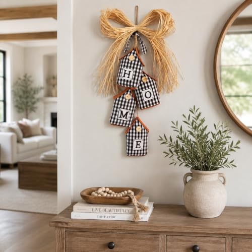 Novabright Fabric Home Sign Farmhouse Home Signs 3D Buffalo Plaid Rustic Wall Decor Black and White Checkered Wall Art with Raffia Bow for Bedroom Kitchen Bathroom Living Room Window Coffee Shop