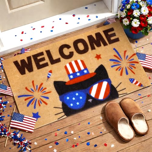 4th of July Patriotic Welcome Doormat- Black Cat Coir Doormat | 250th Anniversary America Front Rubber Non Slip Backing Mats for Outdoor Entryway Entrance Porch Patriotic Decor,73 x 43 - color: Red Balck Brown