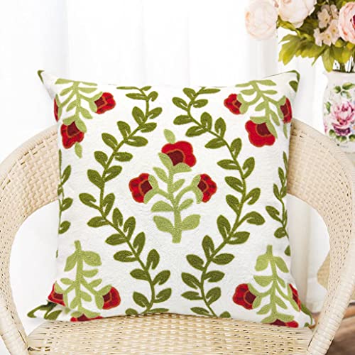 Alysheer Floral Embroidered Summer Decorative Throw Pillow Cover 18"x 18", Farmhouse Cottage Red Flowers Green Leaves Knit Pattern Cotton Canvas Cushion Case for Sofa Couch Bed Living Room Decor - color: Red, size: 18" x 18" (Pack of 1)