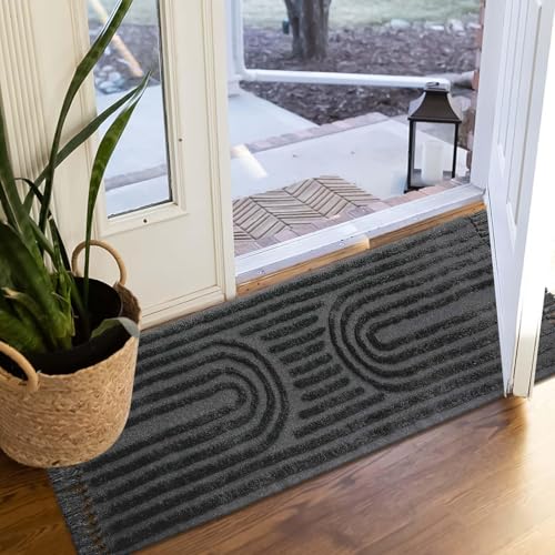 Washable Kitchen Rug 2'x4.3', Dark Grey Boho Bathroom Runner Rugs | Hand-Woven Entryway Rug, Rainbow Bedroom Rug with Tassels, Farmhouse Tufted Bohemian Rugs for Bedside/Laundry/Nursery - color: Dark Grey, size: 2' x 4' (Rectangular)