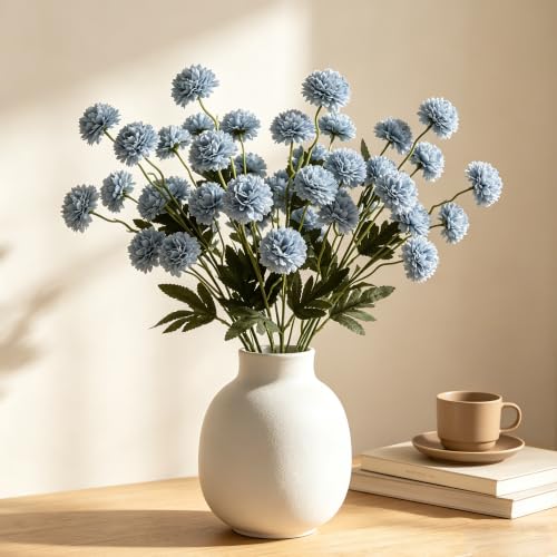 Faux Silk Chrysanthemum, Dusty Blue, 10 Pcs | Mini Fake Mums with Stems, DIY Bouquets, Home Decor Floral Arrangements, Vase Fillers, Wedding Centerpieces - color: Dusty Blue