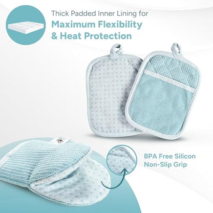 Casa Platino Oven Mitts and Pot Holders Sets, 8-Piece – 500°F Heat Resistant Mini Oven Mitt with Silicone Grip, Potholders for Kitchens, 2 Kitchen Towels & 2 Dish Cloths – Non-Slip & Durable – Aqua - color: 04: Oven Mitts - Aqua, size: Oven Mitt Set - 8 P