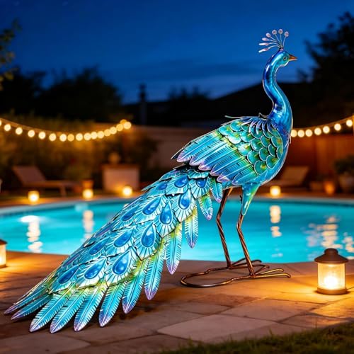 31" L Metal Peacock Garden Statue,Handcrafted Outdoor Yard Art | Large Walking Bird Decor, Iridescent Blue & Green Finish , Ground Stakes, Lifelike Sculpture for Garden Lawn Flowerbed - color: 31"l Iridescent Blue Peacock