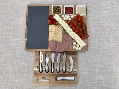 Personalized Acacia Wood Charcuterie Board Set – Large Slate Cheese Board with Knife Drawer – Custom Wedding, Anniversary, Thanksgiving & Christmas Gift - color: Design #40