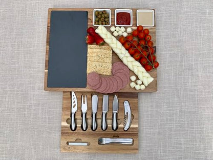 Personalized Acacia Wood Charcuterie Board Set – Large Slate Cheese Board with Knife Drawer – Custom Wedding, Anniversary, Thanksgiving & Christmas Gift - color: Design #40