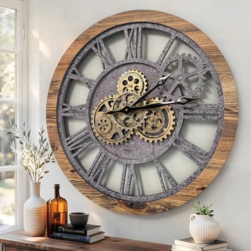 The Gears Clock The Original Real Moving Gear Wall Clock Vintage Industrial Oversized Rustic Farmhouse (24 inch (60cm),Wood&Stone) - color: Wood and Stone