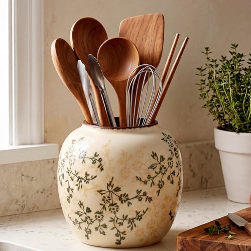 Ceramic Utensil Holder for Kitchen Counter Green and Beige Utensil Organizer Crackle Glaze Floral Crock for Farmhouse Decor Spatula Spoon Storage Countertop Display Storage Caddy(Classic)