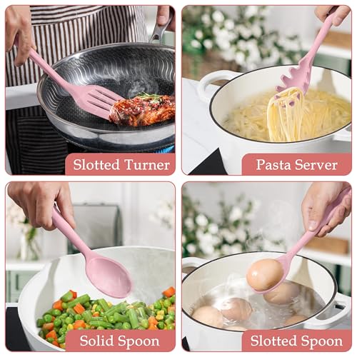 LIANYU Pink Silicone Cooking Utensils Set of 8, Non-Toxic Kitchen Utensils | Include Spatulas Spoons, Heat Resistant Non-Scratch Kitchen Tool, Healthy & Dishwasher Safe - color: Pink