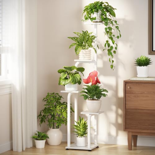 LASZOLA Plant Stand Shelf Tall for Indoor Corner Flower Rack, 5 Tier White | Modern Multiple Display with Wooden Tray, Metal Vertical Planter Holder for Living Room Bedroom Patio Garden Balcony - color: Classic White, size: 5 Tier