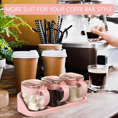 3 Pcs Sugar Coffee Container Set 16 oz Glass Condiment Jar Spice Container Coffee Station Organizer Set with Label Stickers Scoop for Bean and Sugar Candy, Oats, Nuts(Pink) - color: Pink