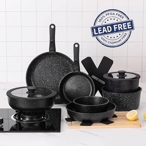 Country Kitchen Cookware Set with Removable Handle, Oven & RV Safe Pots and Pans Set, Black, Deluxe Larger Set - color: Black, size: Larger