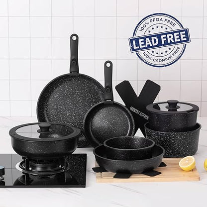 Country Kitchen Cookware Set with Removable Handle, Oven & RV Safe Pots and Pans Set, Black, Deluxe Larger Set - color: Black, size: Larger