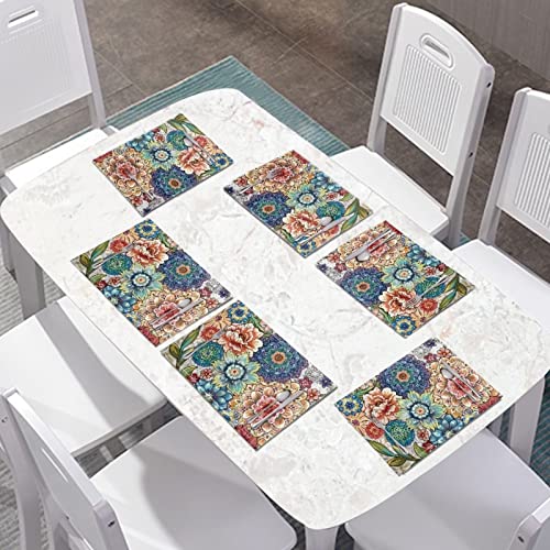 4 PCS Washable Tablemats for Home Farmhouse Beach, Easy to Clean Foldable Heat Resistant PVC Weave Rectangle Table Mats, Blooming Flower Blue - color: Blooming Flower Blue, size: Set of 4