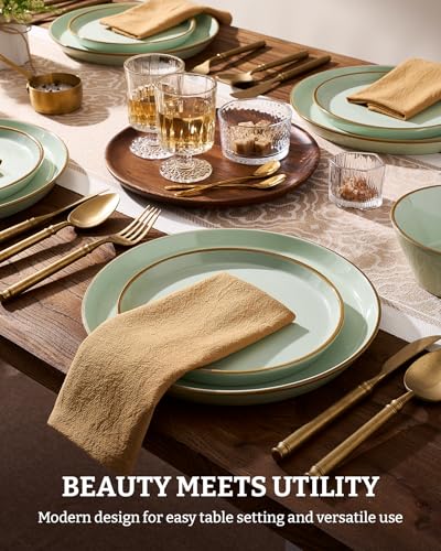 Famiware Saturn Dinnerware Sets, Ceramic Dishes for 4, Rimmed Plates, Bowls | Light Green, 12 pcs Microwave and Dishwasher Safe Stoneware, Chip & Scratch Resistant, Modern Rustic Tableware, Everyday Use - color: Light Green, size: 12