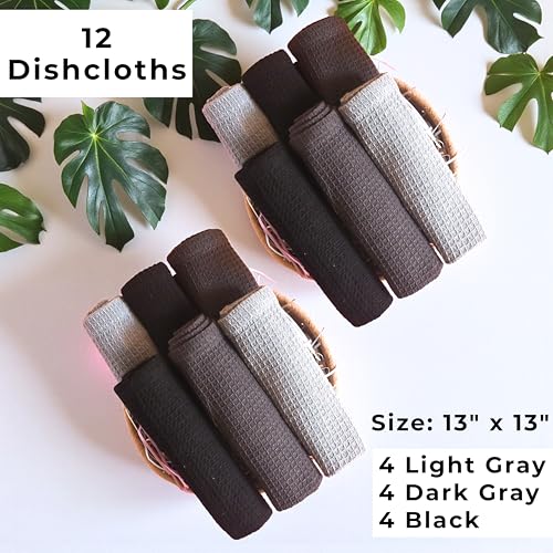 Kitchen Dish Cloths for Washing Dishes - Waffle Weave Cotton Dish Rag Towel - 13"x13" Set of 4+4+4 - Light + Dark Gray + Black Kitchen Washcloth Dishcloth Dishrag Dishtowel Wash Cloth - color: Light Gray - Dark Gray - Black, size: 13"x13" Set of 4+4+4