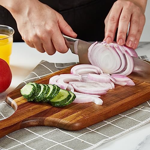 Acacia Wood Cutting Board and Cheese Board with Handle for Braed, Chopping Board, Meat, Fruits and Charcuterie - Decorative Wooden Serving Board for Kitchen, 17x7 Inch - size: 16.9"L x 7"W