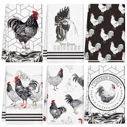 Redbaker 6 Pcs Kitchen Towels Black White Rooster Farm Chicken Dish Towel | Farmhouse Style for Kitchen Decor, Absorbent Cotton, Vintage Rooster Design, Rustic Drying, Country Home Accessories - style: Rustic
