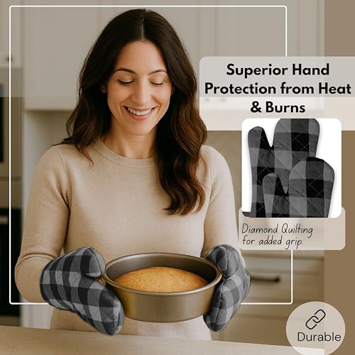 Native Fab Buffalo Plaid Check Oven Mitts and Pot Holders Set of 4, 100% Cotton Heat Resistant Kitchen Gloves, 2 Oven Mitts (7x13), 2 Pot Holders (8x8) for Cooking & Baking, Ash Grey Black - color: Buffalo, Light Grey & Black