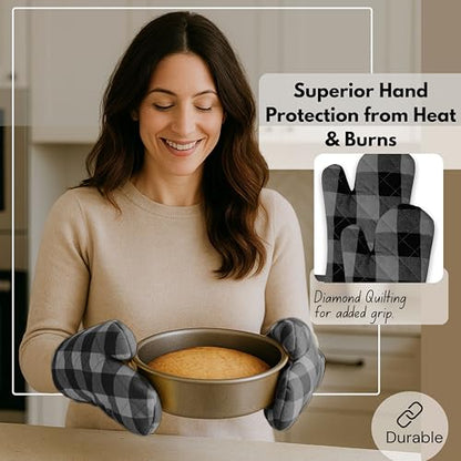Native Fab Buffalo Plaid Check Oven Mitts and Pot Holders Set of 4, 100% Cotton Heat Resistant Kitchen Gloves, 2 Oven Mitts (7x13), 2 Pot Holders (8x8) for Cooking & Baking, Ash Grey Black - color: Buffalo, Light Grey & Black
