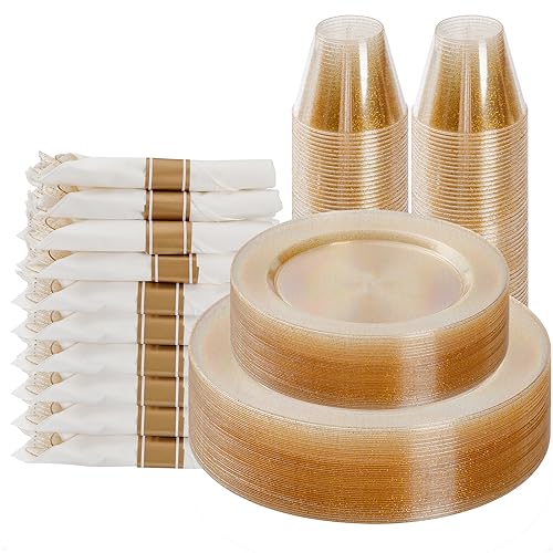 175 Piece Gold Glitter Plastic Dinnerware Set for 25 Guests | Disposable Dinnerware Includes: 25 Dinner Plates, 25 Dessert Plates, 25 Pre Rolled Napkins with Silverware, 25 Cups - color: Gold Glitter, style: 175 Piece (25 guests)