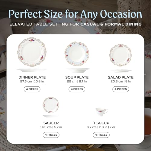 Joseph Sedgh Collection Romantic Bloom Bone China Dinnerware Set, 57-Piece | Service for 4, Premium Ash Bone China, Dishwasher Safe - size: 20 Piece Set