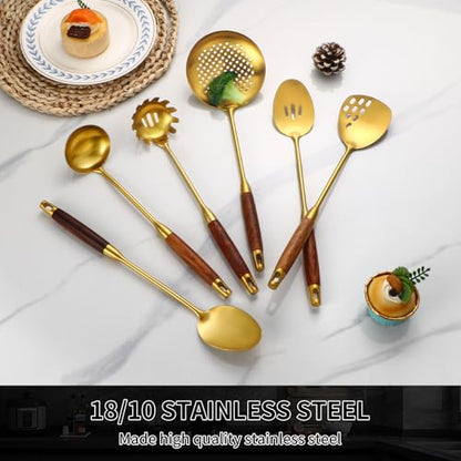 Izurok 18/10 Stainless Steel Kitchen Utensils Set,6 Piece Cooking Utensils With Wood Handle,Heat Resistant Kitchen Tool Set With Spatula, Spoon, Ladle, Skimmer, Slotted Spoon, Pasta - color: GOLD-6 Pieces, size: Small
