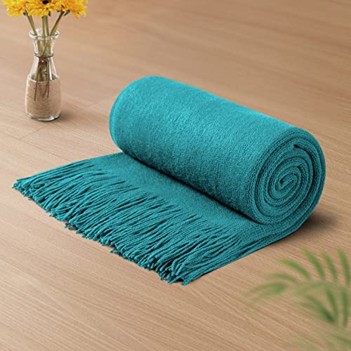 Vonty Teal Knitted Throw Blanket with Tassels Fringe, 50x60 Acrylic | Super Soft And Lightweight, Year-Round Cozy Warmth, Farmhouse Decorative Style, Machine Washable, for Couch, Sofa or Bed - color: Teal, size: 50" x 60"