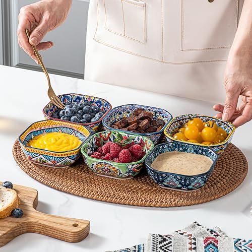 HENXFEN LEAD Boho Ceramic Dipping & Snack Bowls Set of 6, 8 oz Square Bowls | Assorted Patterns, Ideal for Desserts, Side Dishes, Salsa, Fruit, Nuts & Appetizers, Microwave & Dishwasher Safe - size: 8 Oz