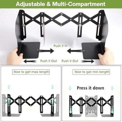 2PCS Heavy Duty Metal Bookends, Adjustable Book Organizer for Shelves & Desk with Non-Slip Pads, 3 Compartments, Extends up to 19 inches, Office & Home Use (Black)