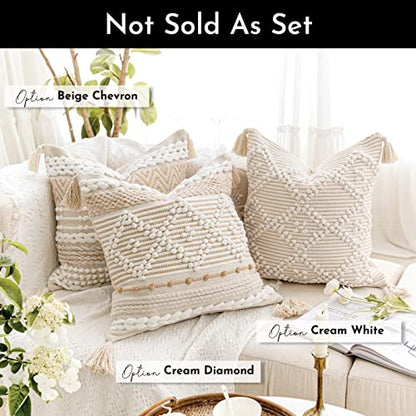 Cream White Boho Throw Pillow Cover 20X20, Boho Woven Textured Pillow Cover, Neutral Pillow Cover, Sofa Couch Bed Farmhouse Lumbar Pillow (Cover ONLY) - color: Cream, size: 20" x 20" (Pack of 1)