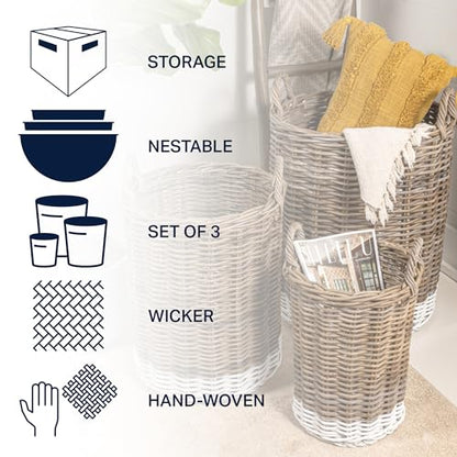happimess Ternion 3-Piece Nesting Rattan Storage Baskets, Kubu Gray/White | Hand-Woven Wicker Containers With Handles, 27"H Two-Tone Cylindrical Bohemian Decor For Living Room Laundry Room Bedroom