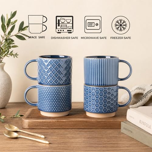 GBhome 12 OZ Stackable Coffee Mugs, Ceramic Coffee Mugs with Texture Patterns for Man,Woman,Dad,Mom, Modern Coffee Cups Set of 4 for Latte/Cappuccino/Cocoa. Dishwasher&Microwave Safe | 4 Assorted Designs, Embossed Mugs with Texture Patterns for Tea/Coffee