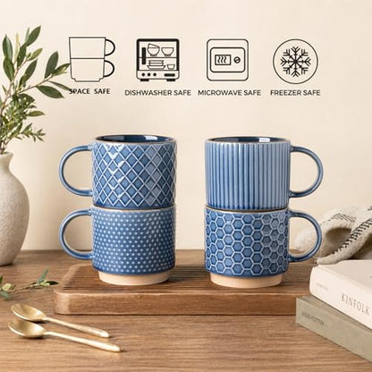 GBhome 12 OZ Stackable Coffee Mugs, Ceramic Coffee Mugs with Texture Patterns for Man,Woman,Dad,Mom, Modern Coffee Cups Set of 4 for Latte/Cappuccino/Cocoa. Dishwasher&Microwave Safe | 4 Assorted Designs, Embossed Mugs with Texture Patterns for Tea/Coffee