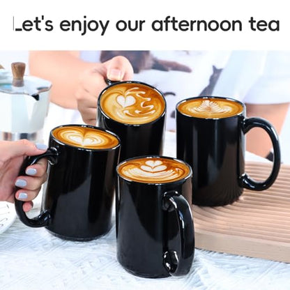 15 OZ Coffee Mugs, Classic Blank Ceramic Cup with Large Handle for Tea Latte Cappuccino, Set of 4, Black - color: Black
