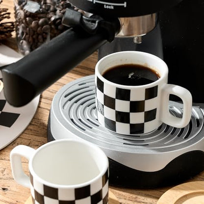 LUKA Porcelain Stackable Black and White Checkered Espresso Cups with Saucers and Metal Stand, 4 Ounce Small Ceramic Demitasse Cups Set for Coffee Drinks, Latte, Tea - Set of 4, White Interior - color: 4WG-White & Black