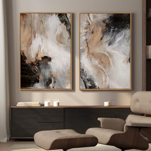 Large Framed Neutral Abstract Wall Art for Living Room, Set of 2 Brown Gray Black Modern Canvas Artwork for Walls, Luxury Watercolor Contemporary Painting Prints Wall Decor Hallway Office, 24x36 Inch - color: Black Neutral