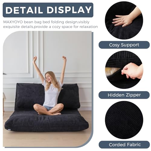 MAXYOYO Folding Sofa Bed, Extra Thick and Long Floor Sofa Convertible Chair with Washable Cover, Floor Couch Lounge Bean Bag Bed for Living Room, Black, 39x91 Inch | Extra Thick with Washable Cover, Chaise Lounge, Bean Bag Couch Bed for Bedroom Living Roo