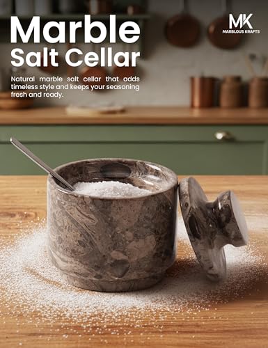 Marble Salt Cellar Oceanic 3" Flaky Salt Dish for Countertop Ideal Spice Box, Candy Bowl, Brown Sugar Jar with Lid and Spoon, Kitchen Storage, Gift for New Home - color: Oceanic