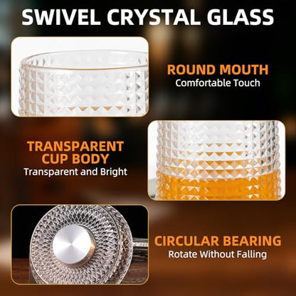 Luxury 360° Spinning Crystal Whiskey Glass Set Of 2, Rotating Old Fashioned Rocks Glasses & & 4 Color Lighting, Scotch & Bourbon, Cocktail Glasses for Bar, Party, Home and Gift (Grid) - color: Grid